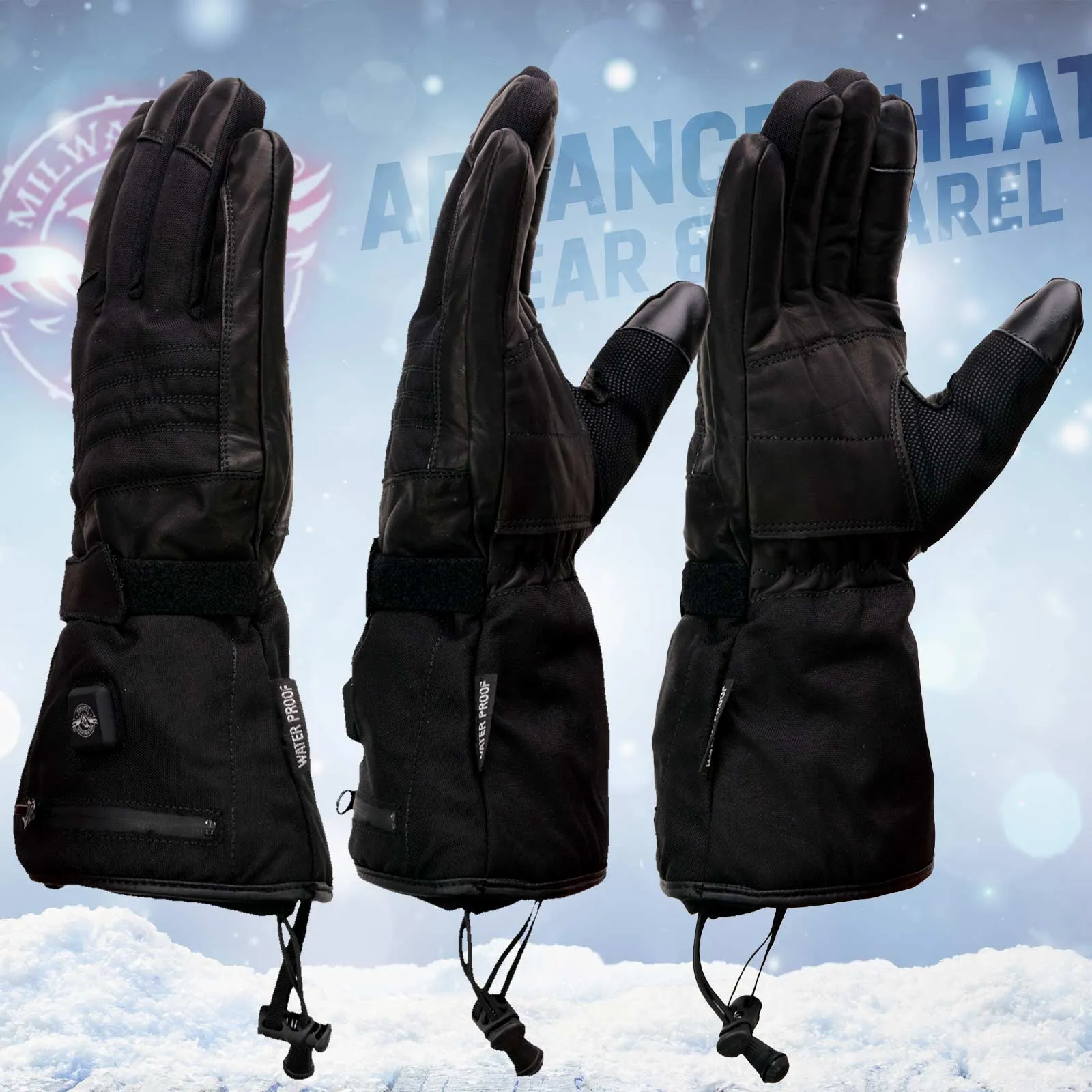 Milwaukee Leather MG17501SET Mens Heated Black Leather/Textile Winter Gloves w/Battery/Harness Wire and i-Touch