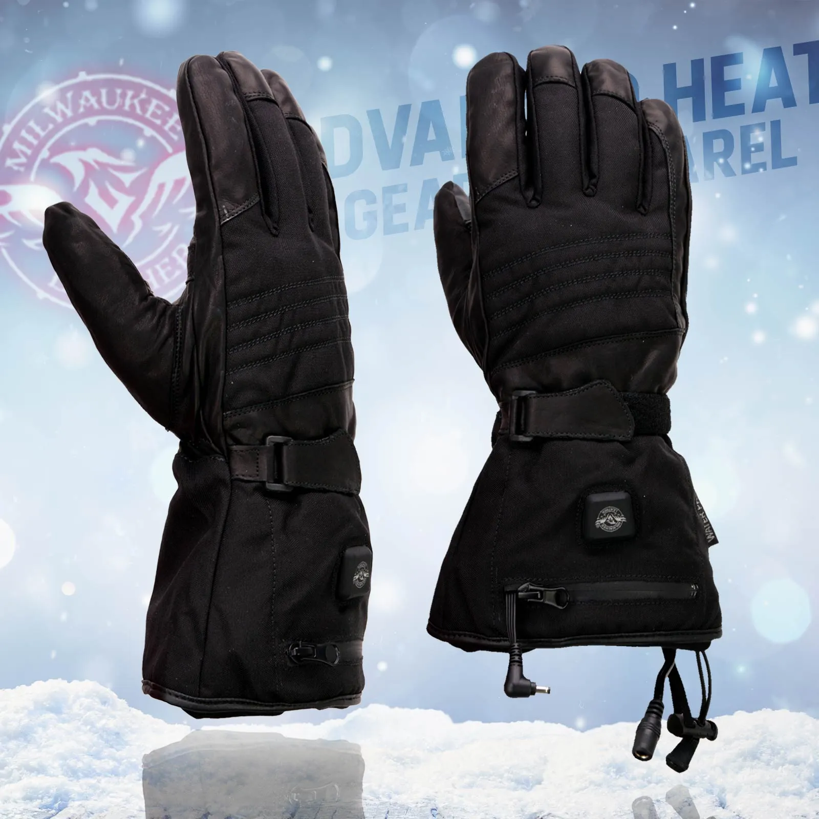 Milwaukee Leather MG17501SET Mens Heated Black Leather/Textile Winter Gloves w/Battery/Harness Wire and i-Touch