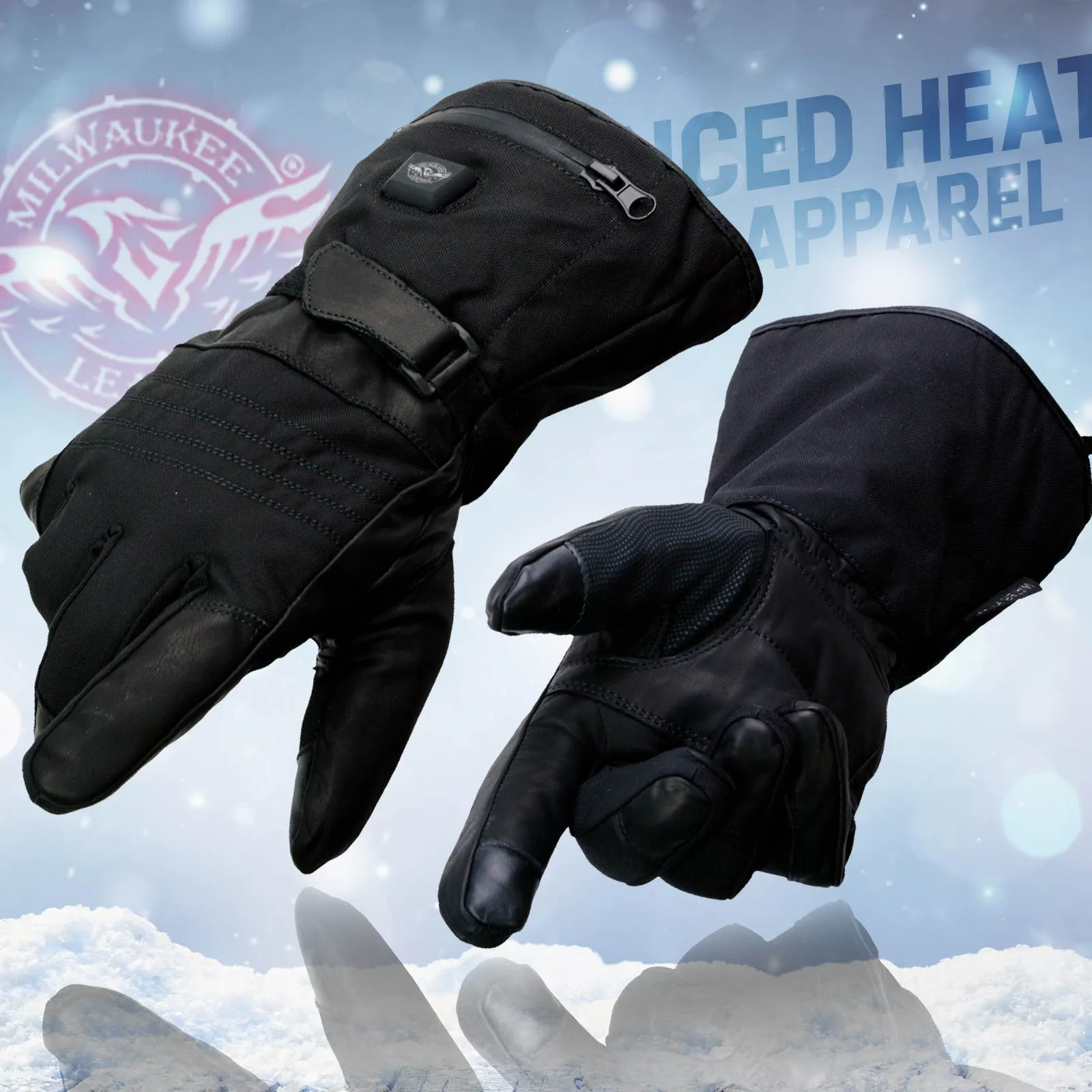 Milwaukee Leather MG17501SET Mens Heated Black Leather/Textile Winter Gloves w/Battery/Harness Wire and i-Touch