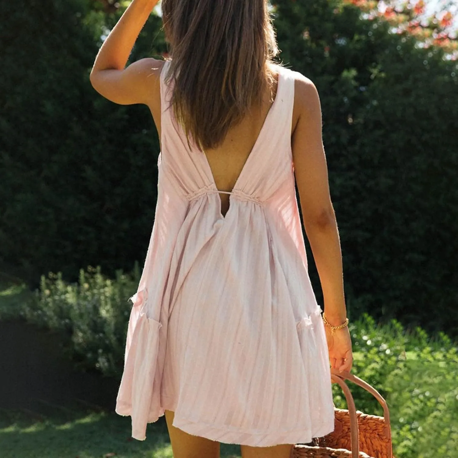 Mini Dress for Women Sexy Deep V Neck Front Tie Backless Sundress Casual Loose Fashion Sexy Sleeveless Beach Dresses