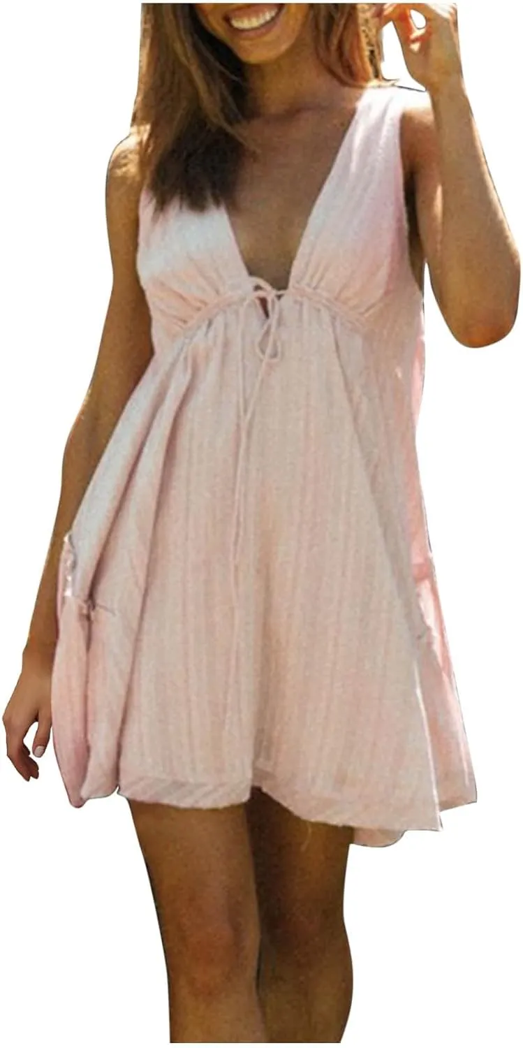 Mini Dress for Women Sexy Deep V Neck Front Tie Backless Sundress Casual Loose Fashion Sexy Sleeveless Beach Dresses