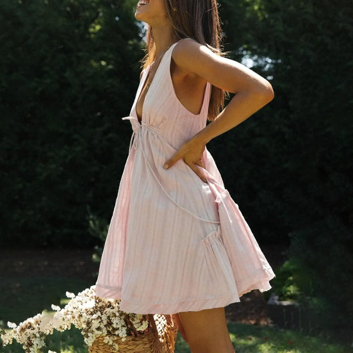 Mini Dress for Women Sexy Deep V Neck Front Tie Backless Sundress Casual Loose Fashion Sexy Sleeveless Beach Dresses