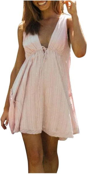 Mini Dress for Women Sexy Deep V Neck Front Tie Backless Sundress Casual Loose Fashion Sexy Sleeveless Beach Dresses