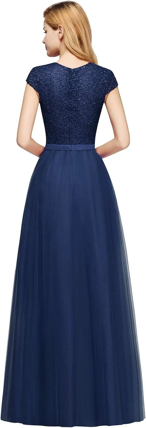 MisShow Cap Sleeve Prom Formal Dress for Women Long Evening Ball Gown