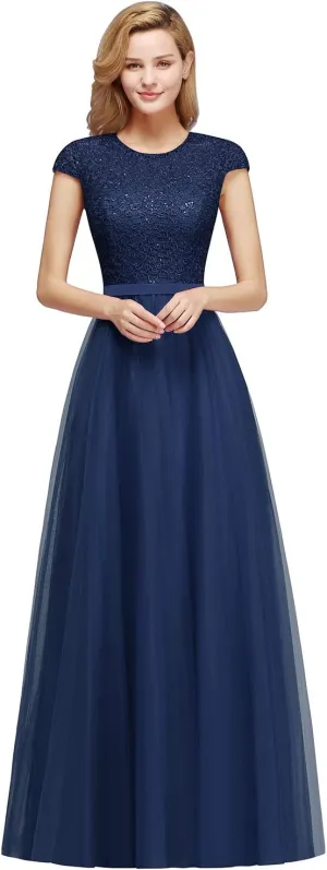 MisShow Cap Sleeve Prom Formal Dress for Women Long Evening Ball Gown