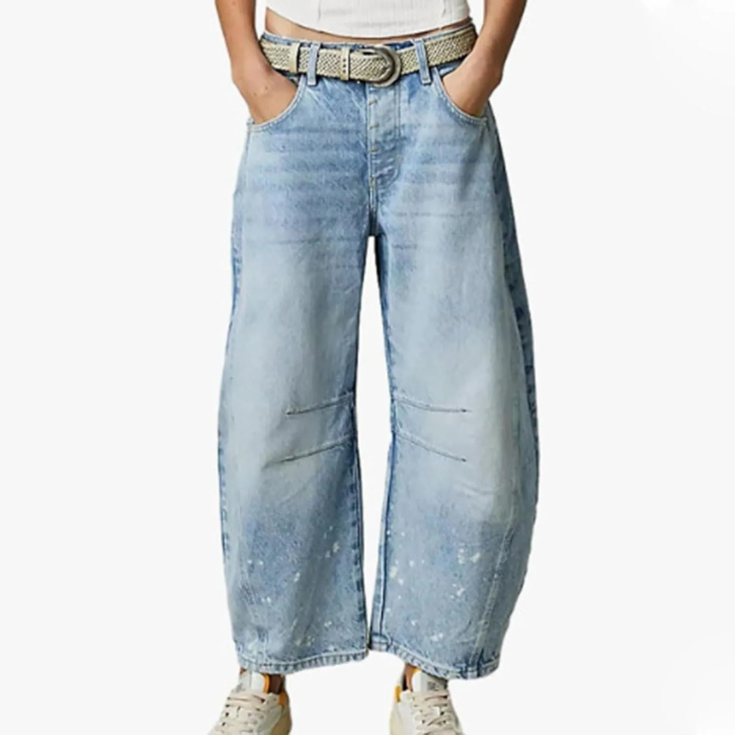 Miyaomn Vintage Barrel Jeans for Women High Waisted Wide Leg Baggy Cropped Harem Pants Y2k Boyfriend Stretch Denim Trousers