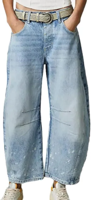 Miyaomn Vintage Barrel Jeans for Women High Waisted Wide Leg Baggy Cropped Harem Pants Y2k Boyfriend Stretch Denim Trousers