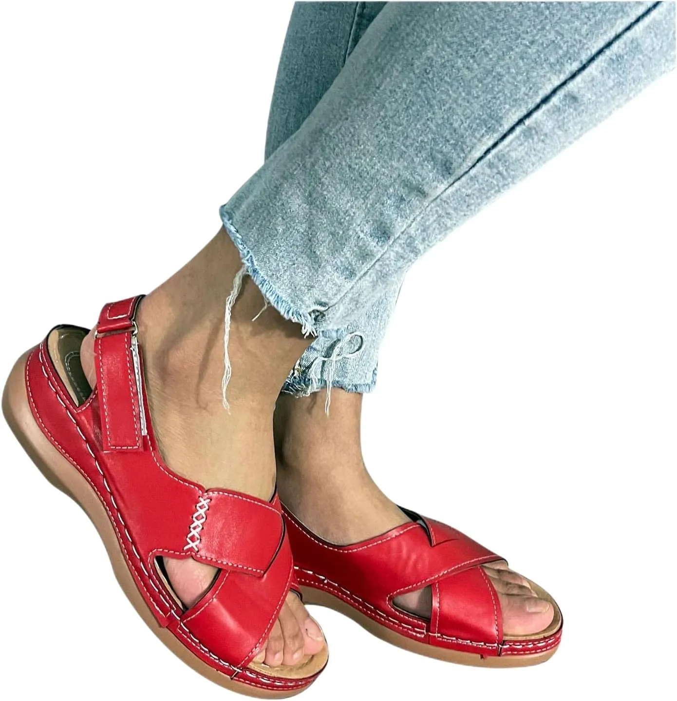 Mmoneyake Womens Summer Sandals Crossover Strap Ankle Strap Sandals Open Toe Slip On Wedge Sandals with Arch Support Comfortable Leather Platform Orthopedic Shoes Bohemia Summer Beach Outdoor Sandal