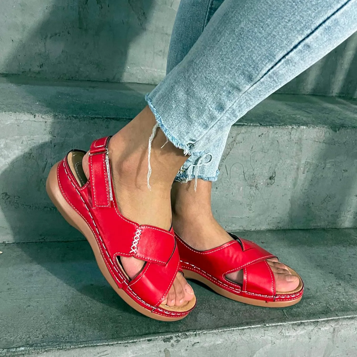 Mmoneyake Womens Summer Sandals Crossover Strap Ankle Strap Sandals Open Toe Slip On Wedge Sandals with Arch Support Comfortable Leather Platform Orthopedic Shoes Bohemia Summer Beach Outdoor Sandal