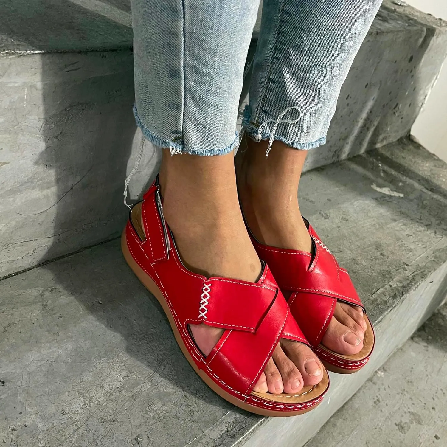 Mmoneyake Womens Summer Sandals Crossover Strap Ankle Strap Sandals Open Toe Slip On Wedge Sandals with Arch Support Comfortable Leather Platform Orthopedic Shoes Bohemia Summer Beach Outdoor Sandal