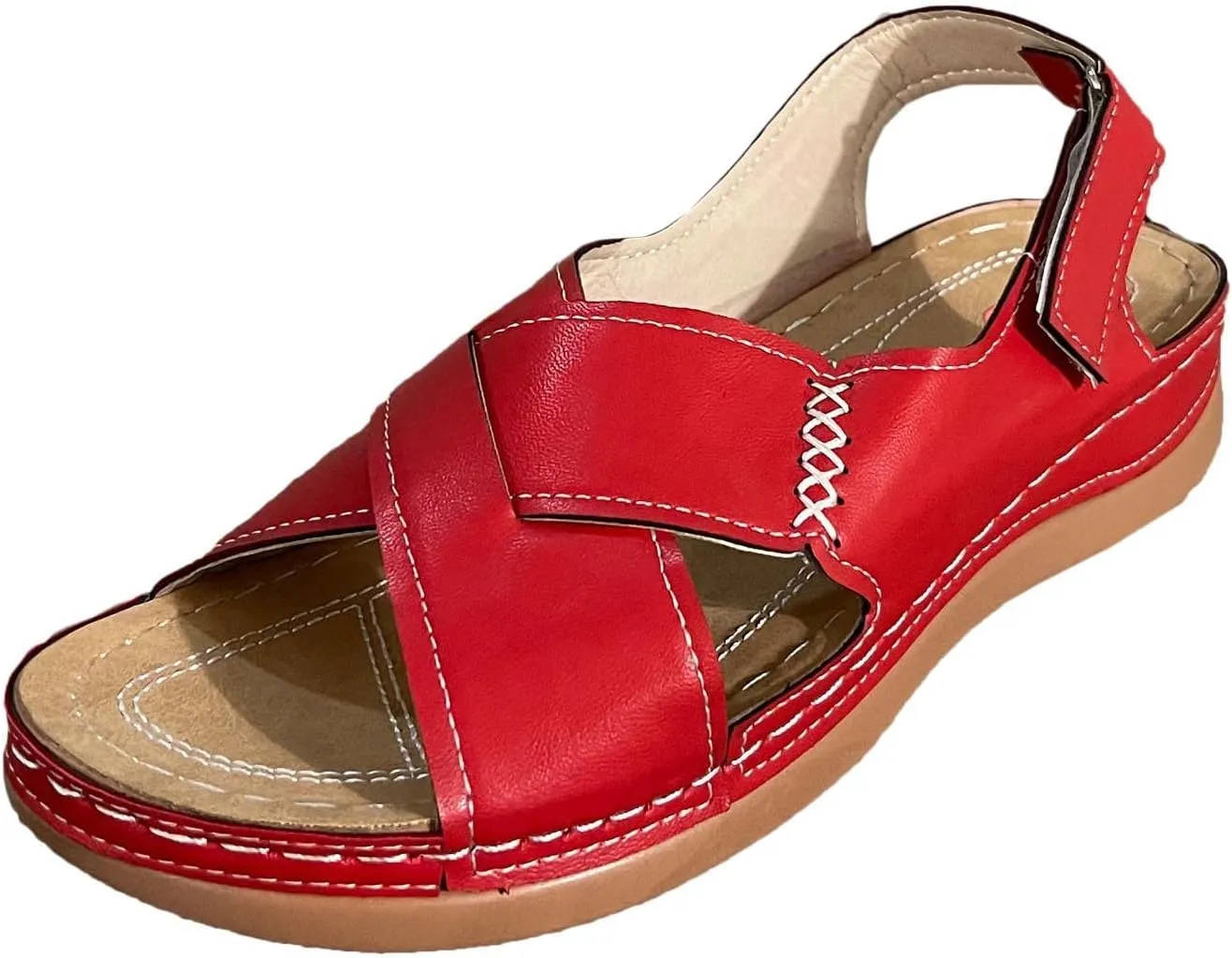 Mmoneyake Womens Summer Sandals Crossover Strap Ankle Strap Sandals Open Toe Slip On Wedge Sandals with Arch Support Comfortable Leather Platform Orthopedic Shoes Bohemia Summer Beach Outdoor Sandal