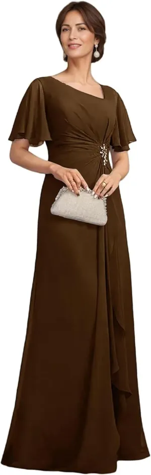Mother of The Bride Dresses for Wedding Long Chiffon Evening Dress V Neck Formal Gown