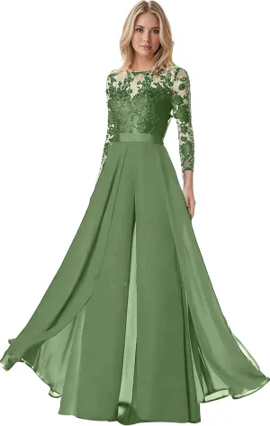 Mother of The Bride Pant Suits for Womens Dressy Chiffon Lace 3/4 Sleeves Wedding Jumpsuits