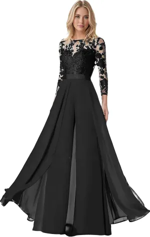 Mother of The Bride Pant Suits for Womens Dressy Chiffon Lace 3/4 Sleeves Wedding Jumpsuits