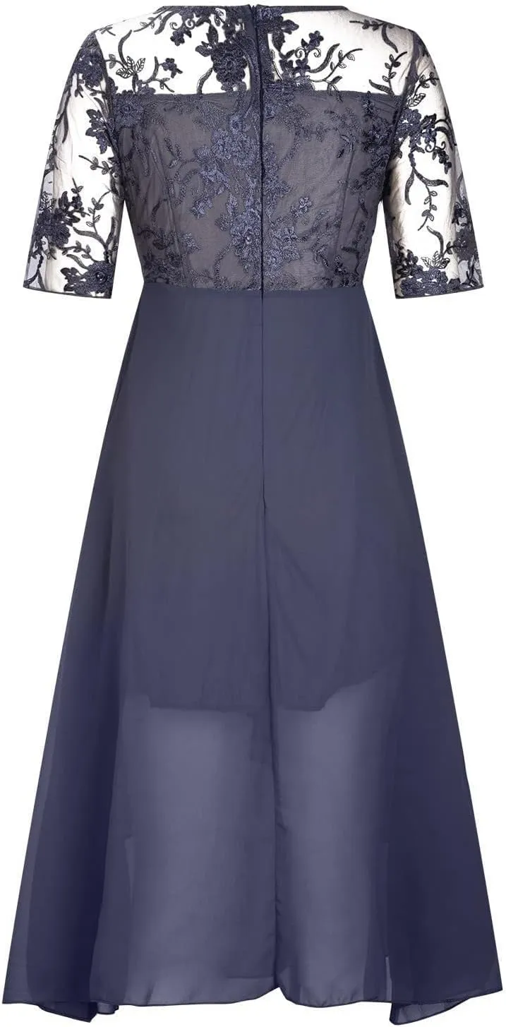 Mother of The Groom Dresses for Wedding Lace Appliques Short Sleeves High Low Crew Neck Chiffon Formal Evening Dress