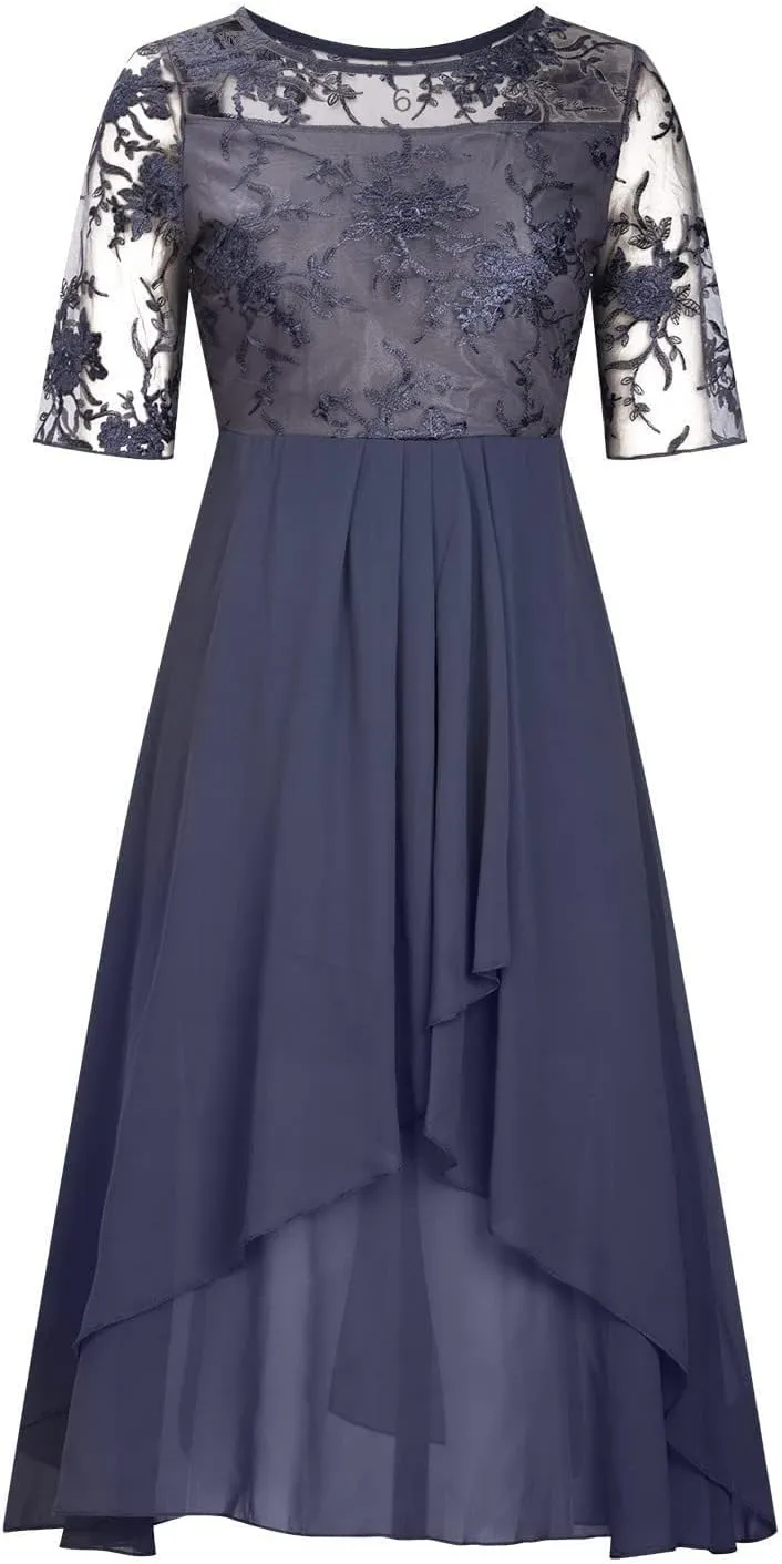 Mother of The Groom Dresses for Wedding Lace Appliques Short Sleeves High Low Crew Neck Chiffon Formal Evening Dress