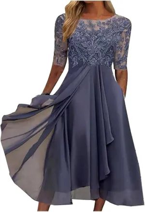 Mother of The Groom Dresses for Wedding Lace Appliques Short Sleeves High Low Crew Neck Chiffon Formal Evening Dress