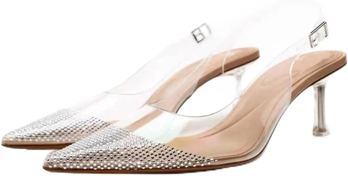 MRKEWUNEY Fashion Rhinestone Clear Slingback Pumps Shoes for Women Pointed Toe PVC Kitten Heels