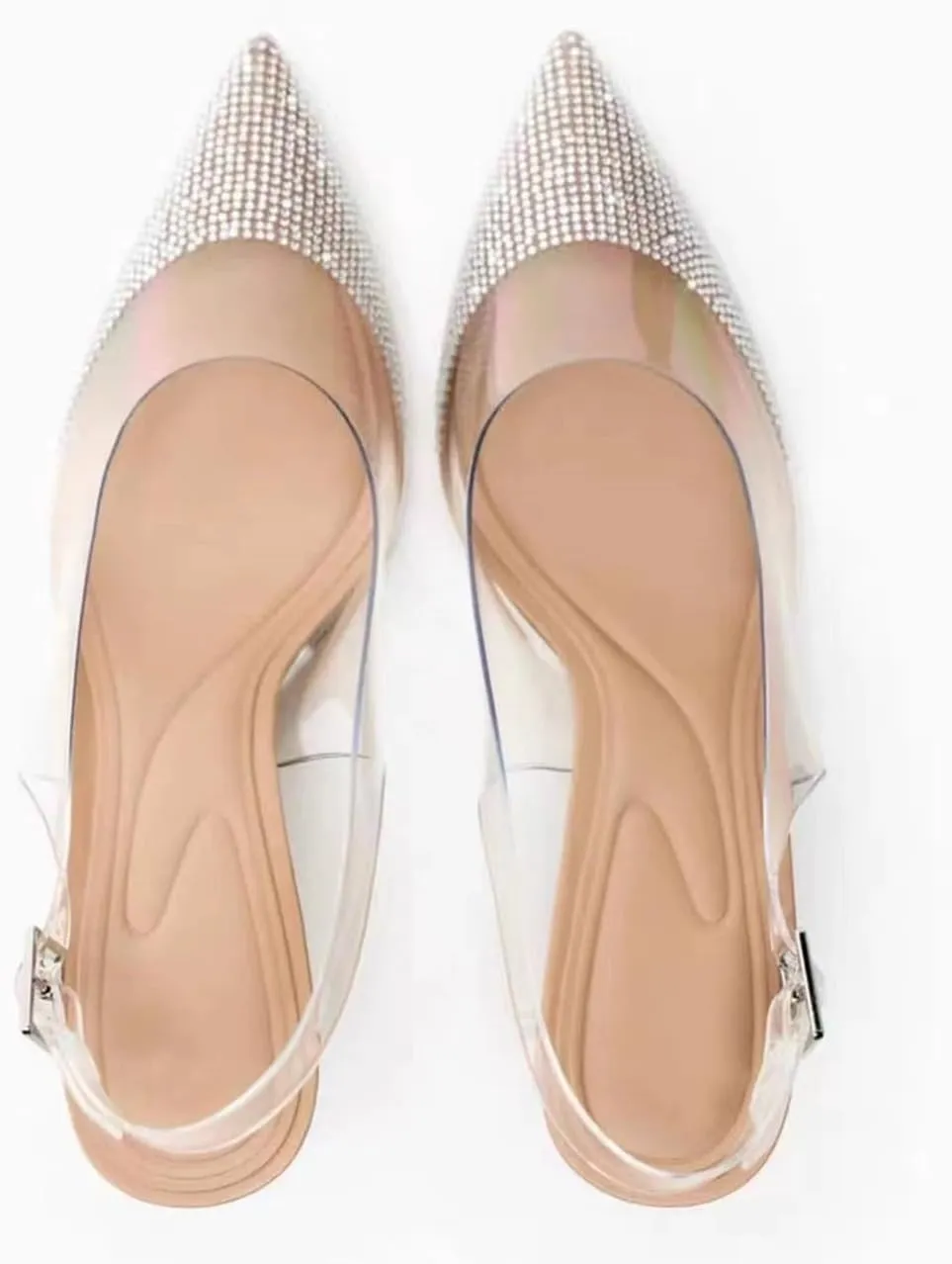 MRKEWUNEY Fashion Rhinestone Clear Slingback Pumps Shoes for Women Pointed Toe PVC Kitten Heels
