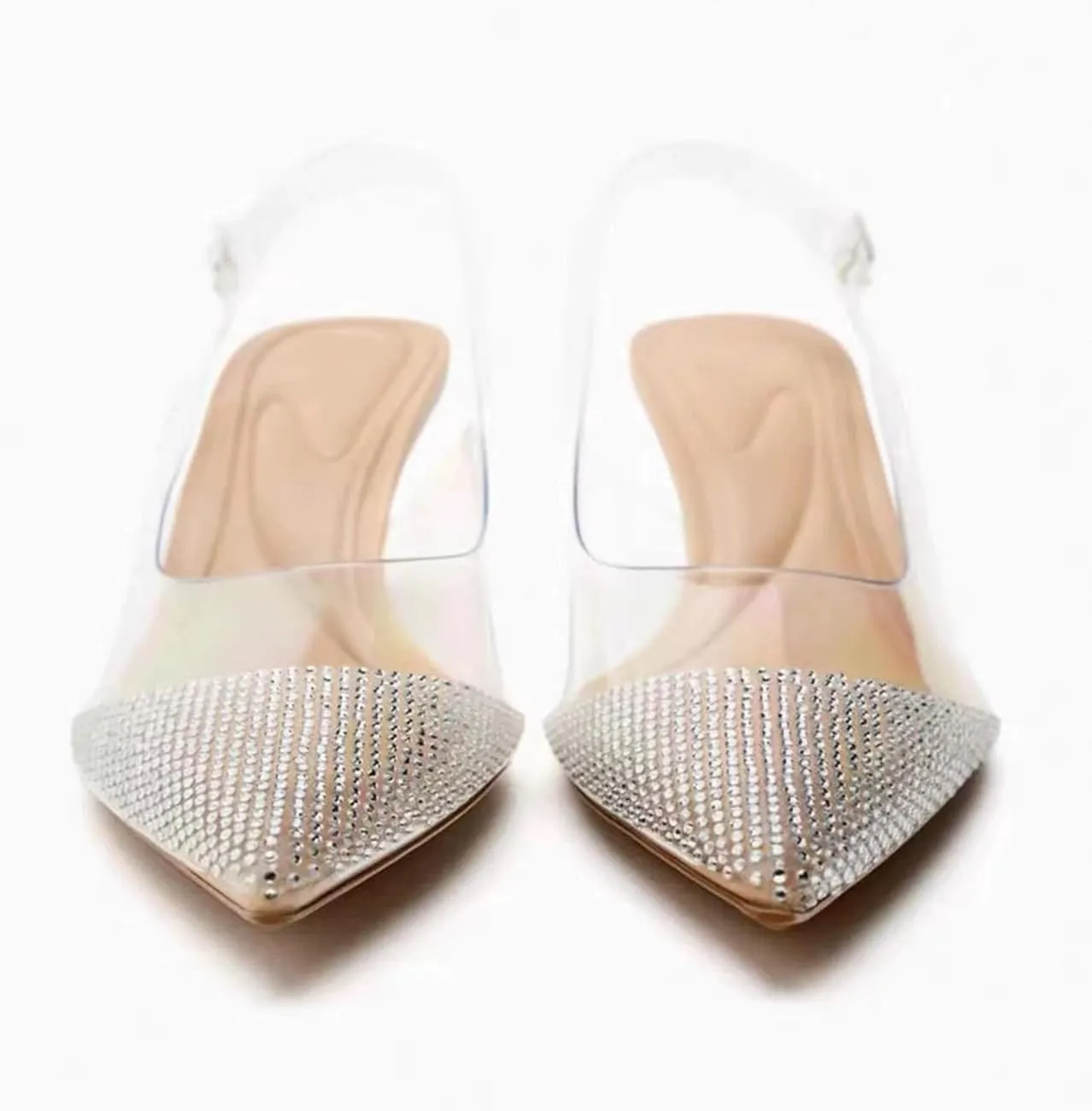 MRKEWUNEY Fashion Rhinestone Clear Slingback Pumps Shoes for Women Pointed Toe PVC Kitten Heels