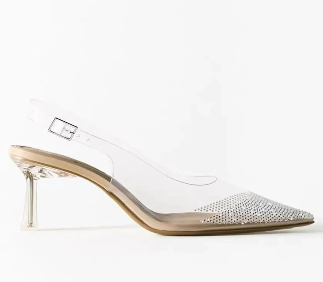 MRKEWUNEY Fashion Rhinestone Clear Slingback Pumps Shoes for Women Pointed Toe PVC Kitten Heels