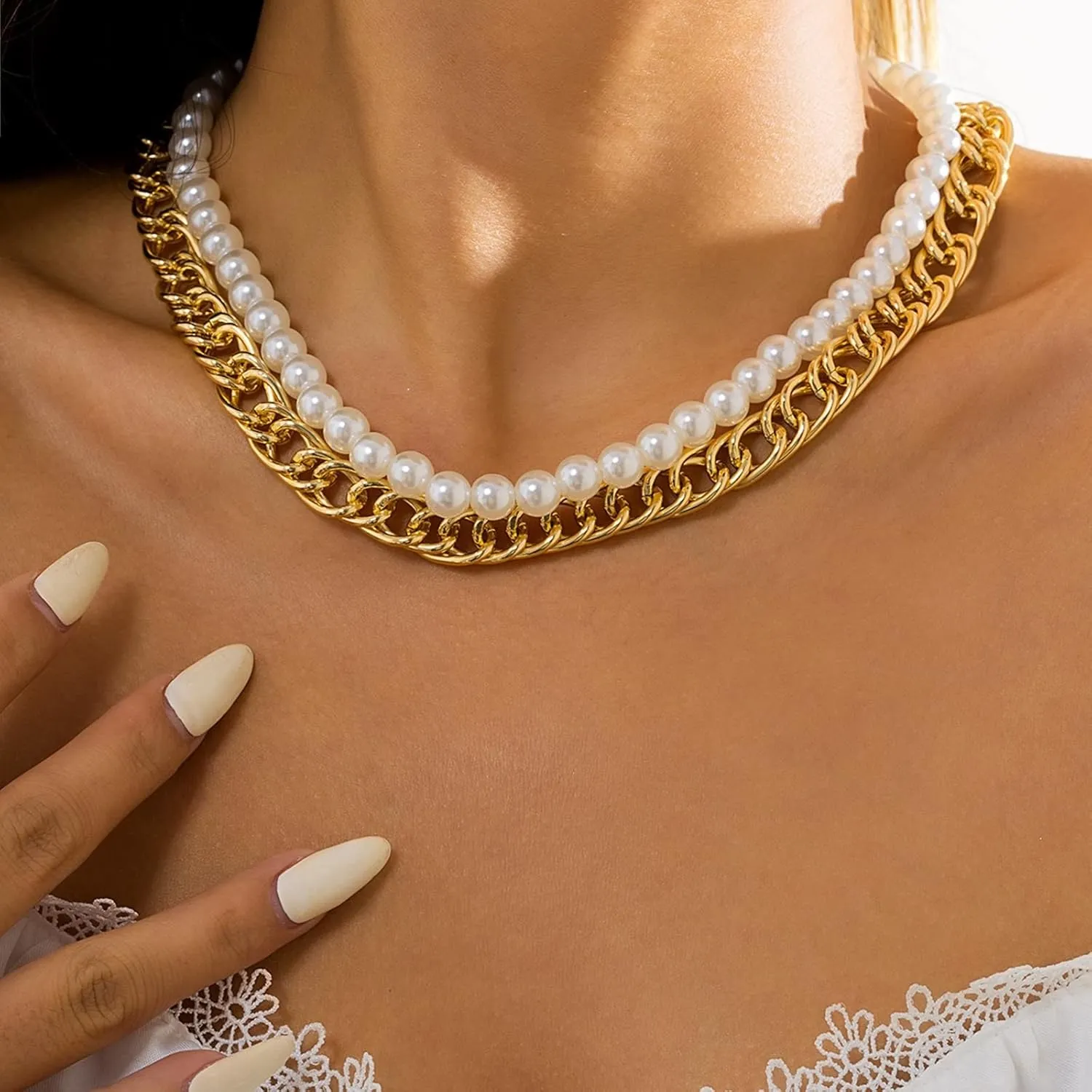 Multilayer Necklaces for Women, Dainty Layering Necklaces for Women Pearl Chain Pendant Chain Necklaces Jewelry Gifts for Birthday Wedding, 2 Pieces