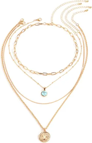Multilayer Necklaces for Women Gold, Dainty Layered Necklaces for Women Turquoise Jesus Pendant Chain Necklaces Women Jewelry, 4 Pieces, Gold, 45CM