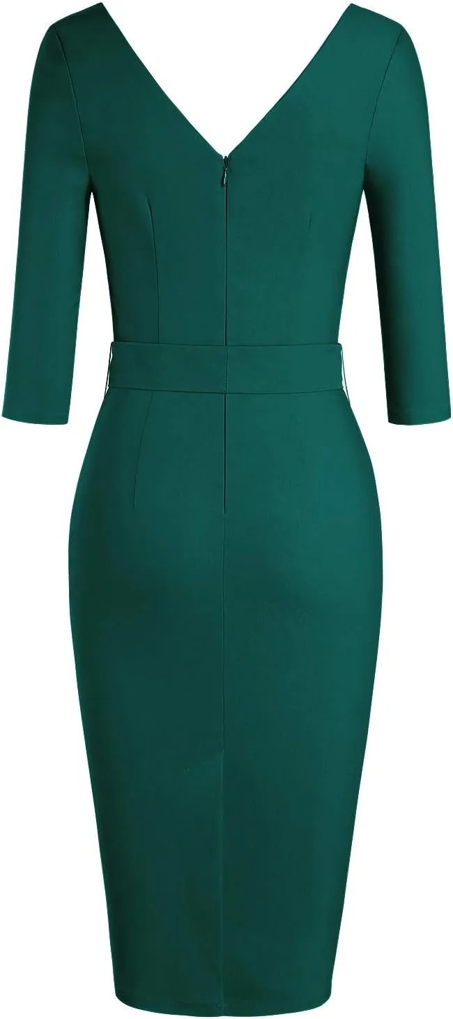 MUXXN Women's Vintage Faux Wrap V Neck 3/4 Sleeve Formal Classic Party Work Dress with Belt