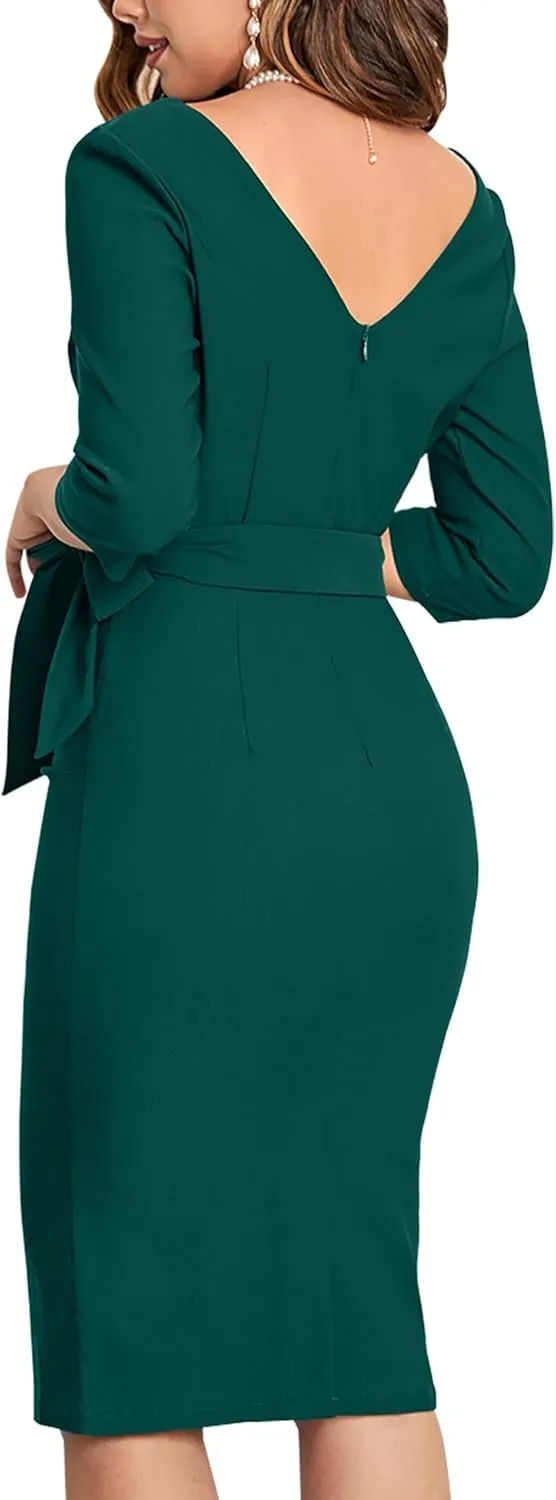 MUXXN Women's Vintage Faux Wrap V Neck 3/4 Sleeve Formal Classic Party Work Dress with Belt