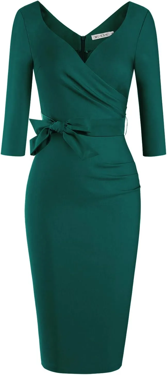 MUXXN Women's Vintage Faux Wrap V Neck 3/4 Sleeve Formal Classic Party Work Dress with Belt