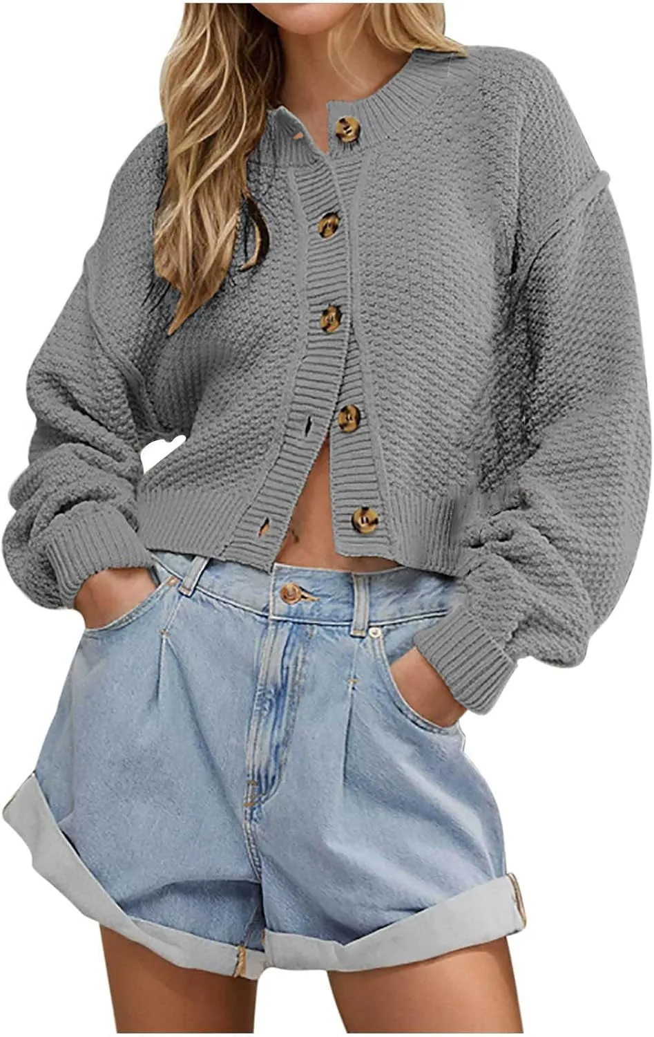 Mzkdieey Cardigan Sweater for Women Y2K Chunky Knit Cropped Sweaters Fall Casual Open Front Long Sleeve Button Knitwear Coat