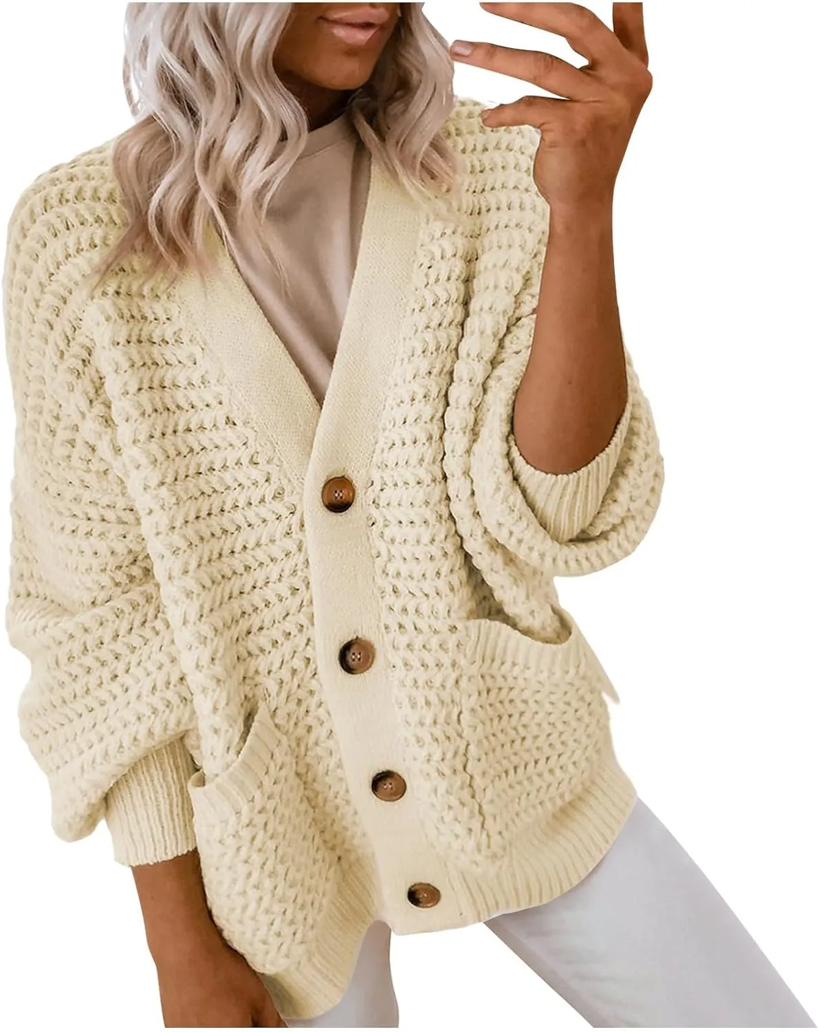 Mzkdieey Women's Chunky Knit Cardigans Sweater 2024 Fashion Casual Open Front Long Sleeve V Neck Button Up Outerwear Coats