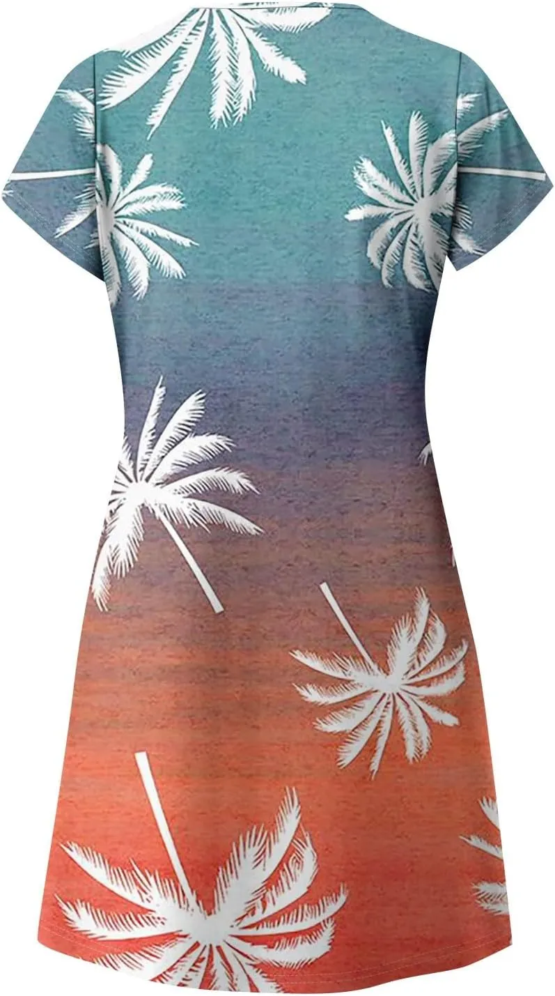NBXNZWF Women's 2025 Casual Summer Dresses Short Sleeve V Neck Sundress Boho Floral Print Trendy Vacation Dress with Pockets