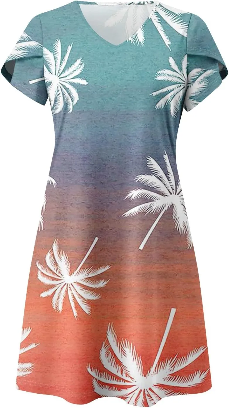 NBXNZWF Women's 2025 Casual Summer Dresses Short Sleeve V Neck Sundress Boho Floral Print Trendy Vacation Dress with Pockets