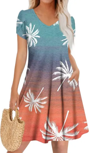 NBXNZWF Women's 2025 Casual Summer Dresses Short Sleeve V Neck Sundress Boho Floral Print Trendy Vacation Dress with Pockets