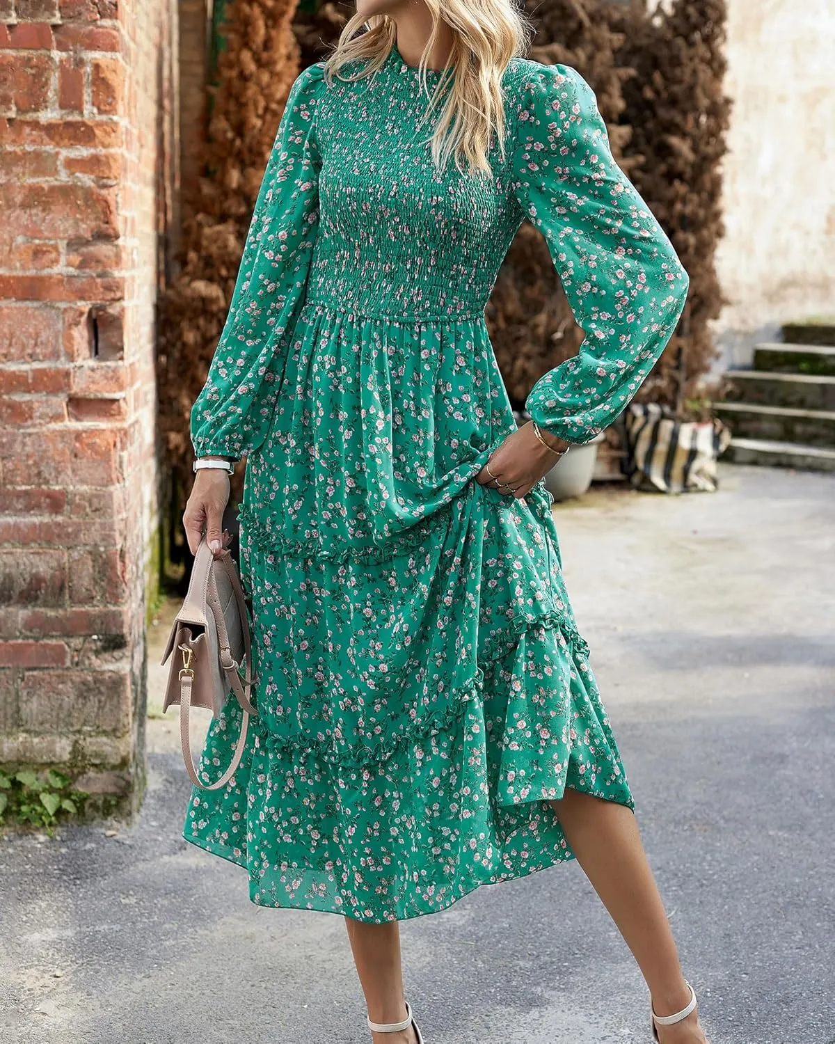 NOLLSOM Women 2025 Spring Dress Floral Boho Dress Casual Long Sleeve Crew Neck Ruffle A-Line Flowy Wedding Guest Maxi Dresses