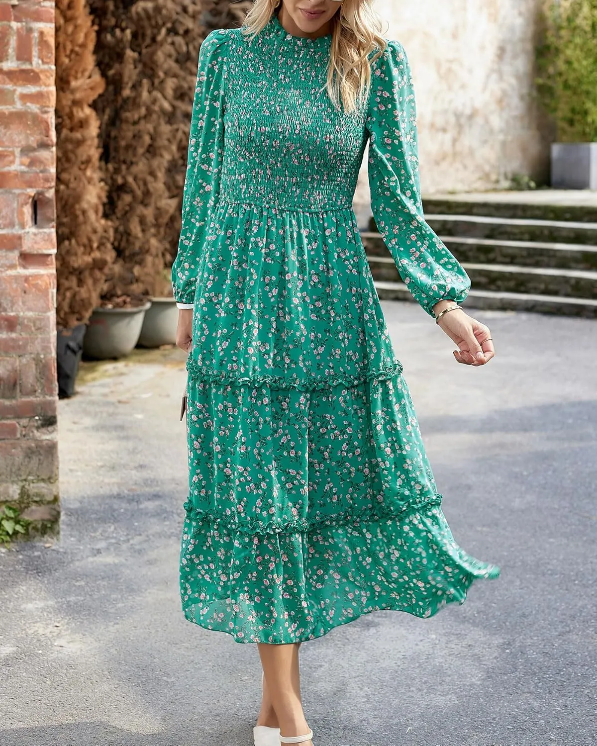 NOLLSOM Women 2025 Spring Dress Floral Boho Dress Casual Long Sleeve Crew Neck Ruffle A-Line Flowy Wedding Guest Maxi Dresses