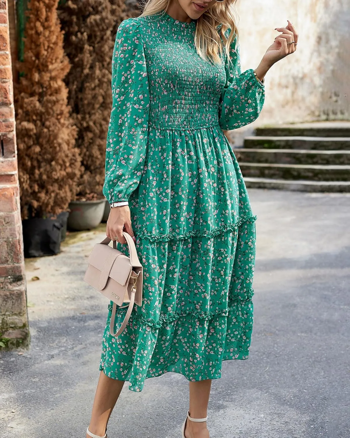 NOLLSOM Women 2025 Spring Dress Floral Boho Dress Casual Long Sleeve Crew Neck Ruffle A-Line Flowy Wedding Guest Maxi Dresses