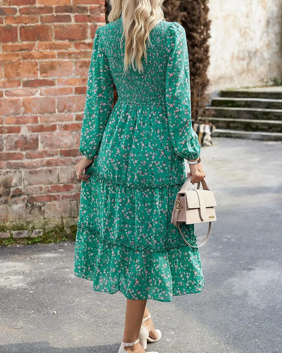 NOLLSOM Women 2025 Spring Dress Floral Boho Dress Casual Long Sleeve Crew Neck Ruffle A-Line Flowy Wedding Guest Maxi Dresses