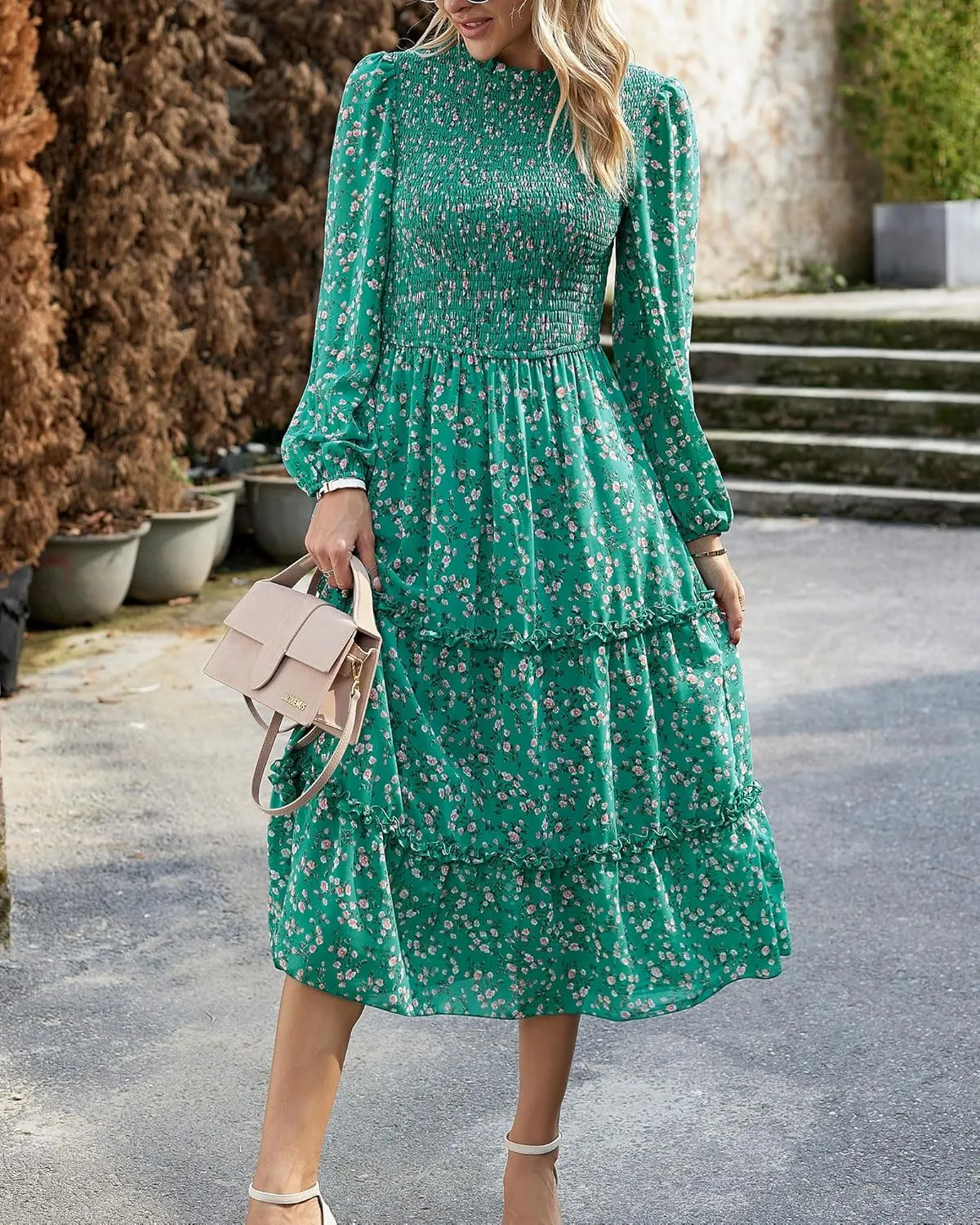 NOLLSOM Women 2025 Spring Dress Floral Boho Dress Casual Long Sleeve Crew Neck Ruffle A-Line Flowy Wedding Guest Maxi Dresses