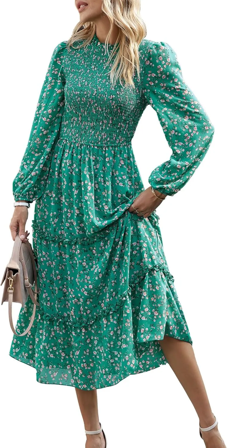 NOLLSOM Women 2025 Spring Dress Floral Boho Dress Casual Long Sleeve Crew Neck Ruffle A-Line Flowy Wedding Guest Maxi Dresses