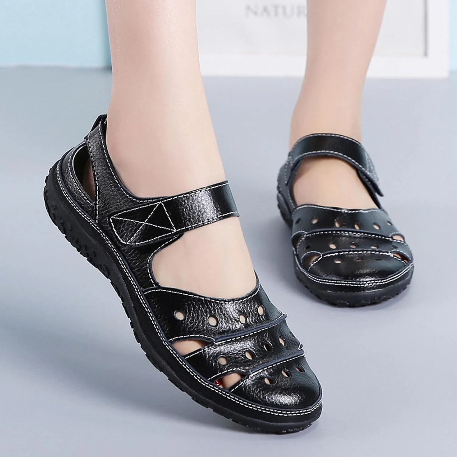 oiangi Womens Sandals Comfortable Wedge Sandals Summer Casual Hollow Hole Closed Toe Hook and Loop Sandals Lightweight Outdoor Non-Slip Ladies Shoes