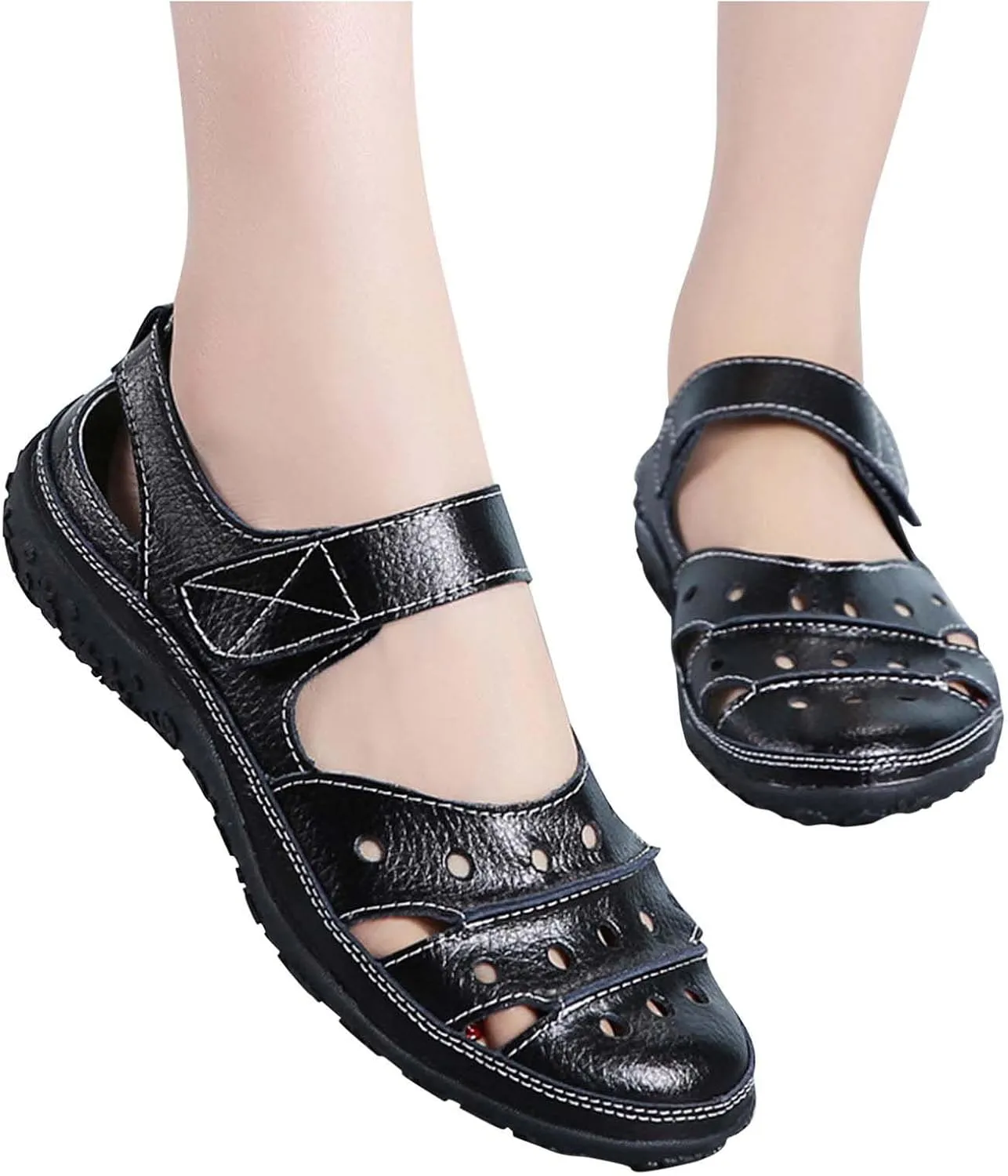 oiangi Womens Sandals Comfortable Wedge Sandals Summer Casual Hollow Hole Closed Toe Hook and Loop Sandals Lightweight Outdoor Non-Slip Ladies Shoes