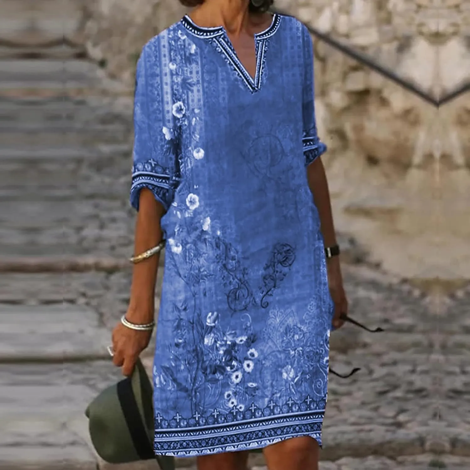 OIOLOYJM Plus Size Summer Dresses for Women 2025 Plus Size Dresses for Curvy Women 3/4 Sleeve Casual Boho Kaftan Dresses