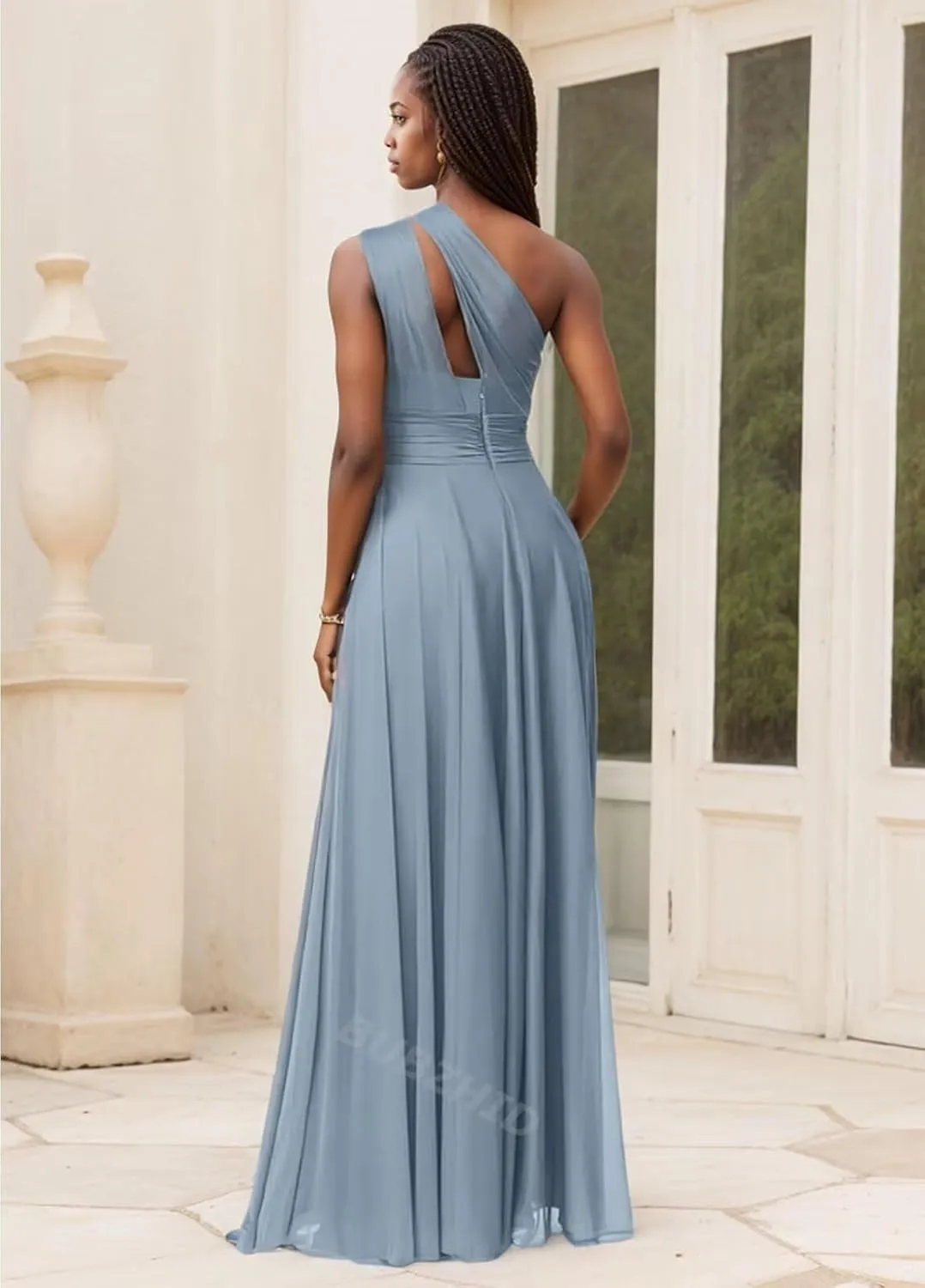 One Shoulder Bridesmaid Dresses for Women Chiffon Pleated A Line Formal Dresses for Wedding Guest with Pockets