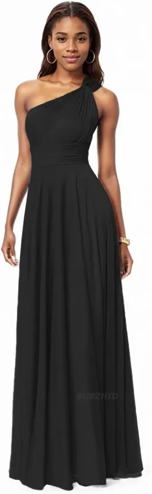 One Shoulder Bridesmaid Dresses for Women Chiffon Pleated A Line Formal Dresses for Wedding Guest with Pockets