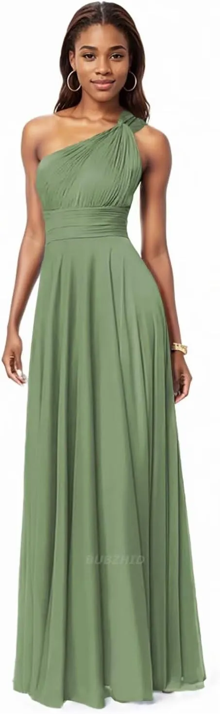 One Shoulder Bridesmaid Dresses for Women Chiffon Pleated A Line Formal Dresses for Wedding Guest with Pockets