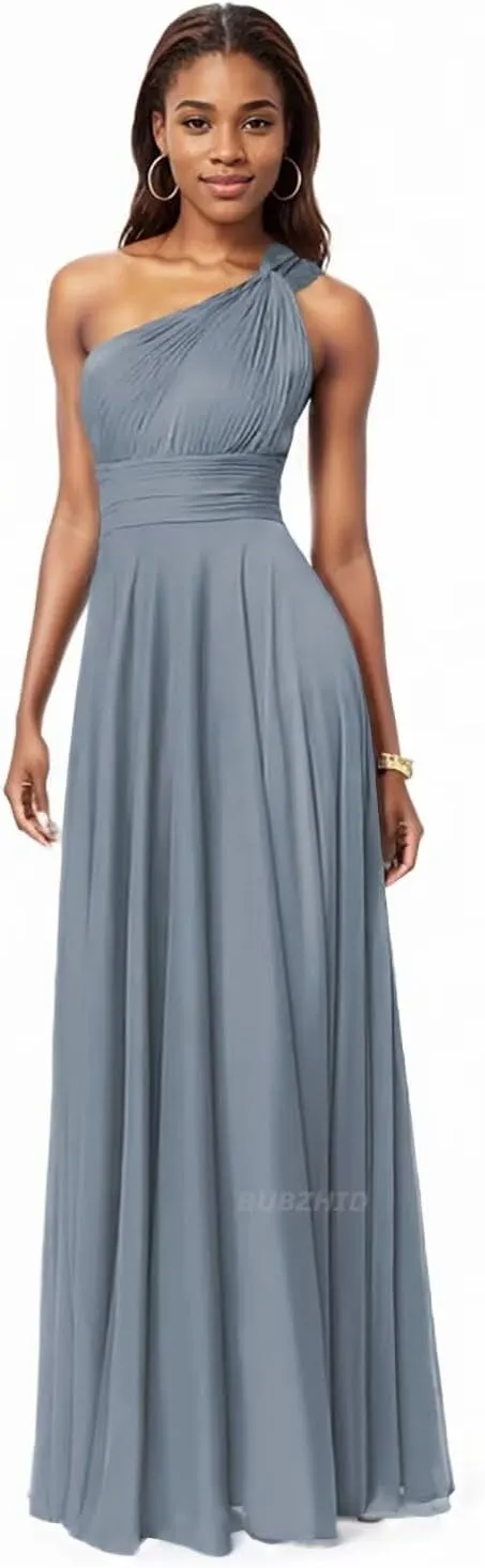 One Shoulder Bridesmaid Dresses for Women Chiffon Pleated A Line Formal Dresses for Wedding Guest with Pockets
