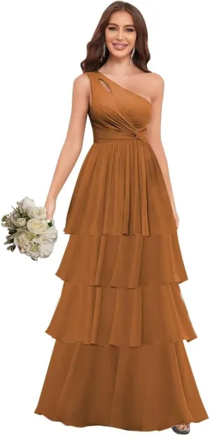 One Shoulder Chiffon Bridesmaid Dresses Layered A Line Ruffle Formal Dresses for Women
