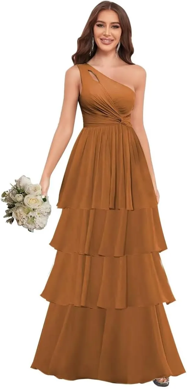 One Shoulder Chiffon Bridesmaid Dresses Layered A Line Ruffle Formal Dresses for Women